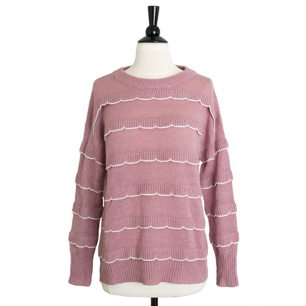 Dusty Pink Scalloped Ruffle White Trim Crewneck Pullover Sweater, NWOT